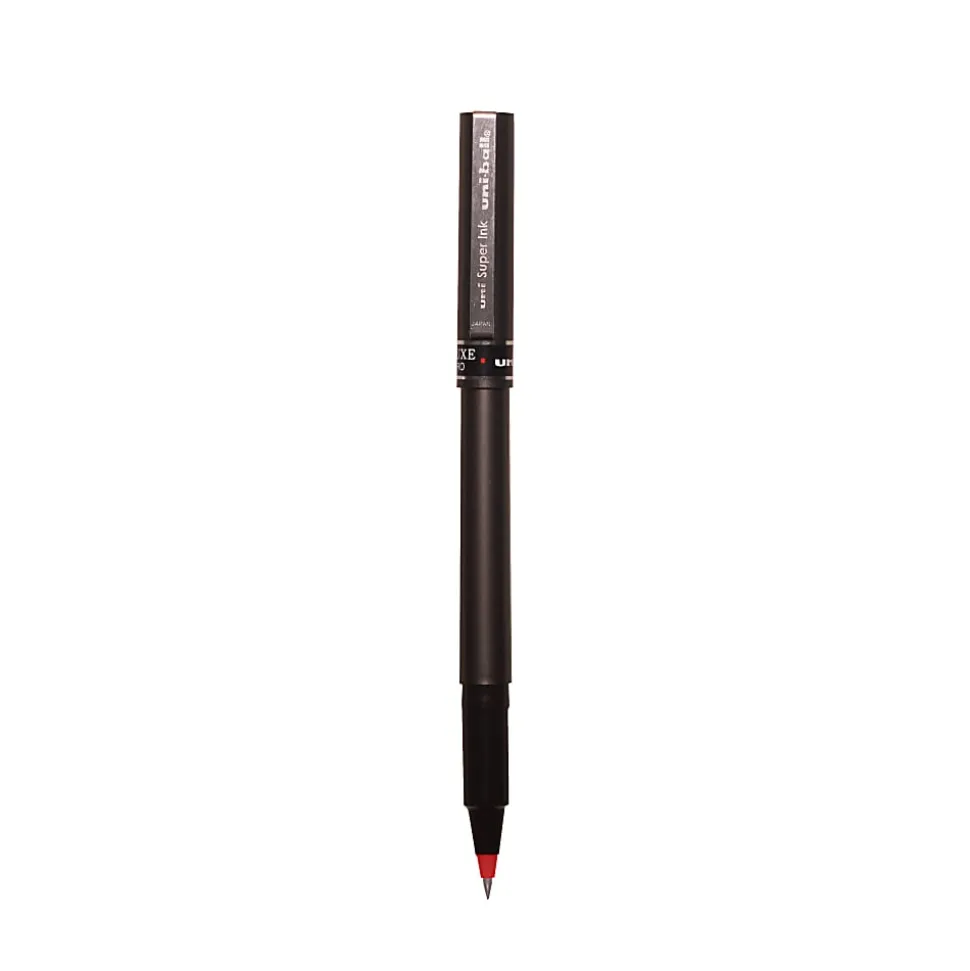 uni-ball® Deluxe Rollerball Pens, Micro Point, 0.5 mm, Charcoal Barrel, Red Ink, Pack Of 12