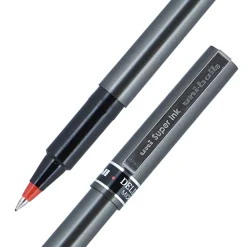 uni-ball® Deluxe Rollerball Pens, Micro Point, 0.5 mm, Charcoal Barrel, Red Ink, Pack Of 12