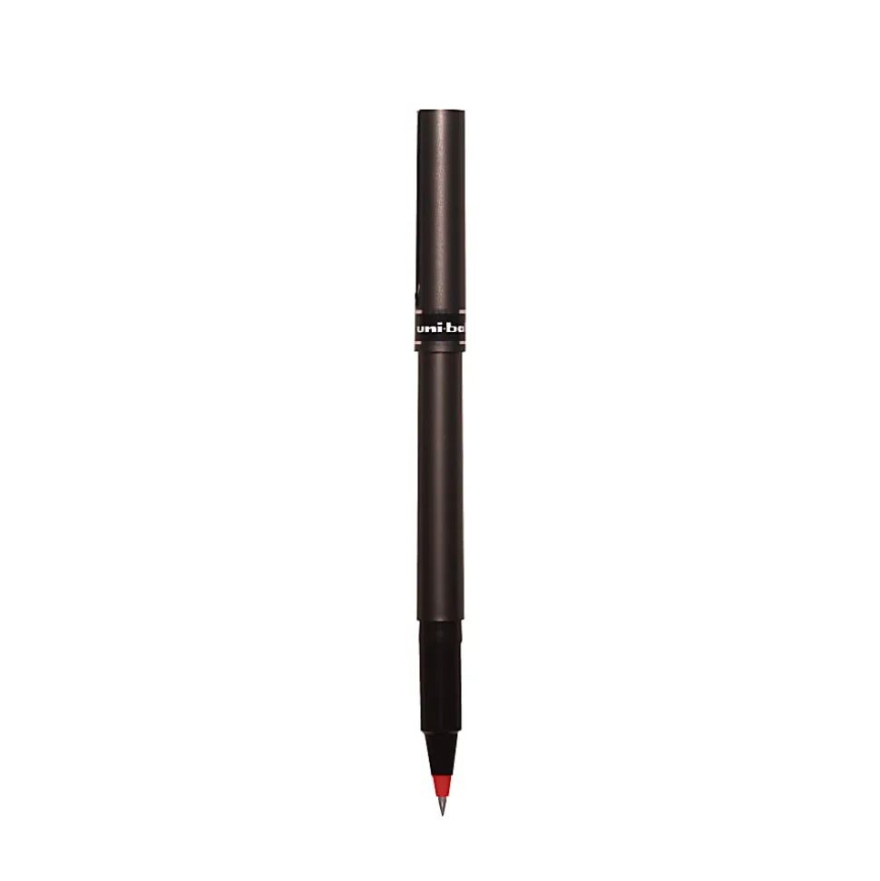 uni-ball® Deluxe Rollerball Pens, Micro Point, 0.5 mm, Charcoal Barrel, Red Ink, Pack Of 12