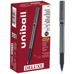 uni-ball® Deluxe Rollerball Pens, Micro Point, 0.5 mm, Charcoal Barrel, Blue Ink, Pack Of 12