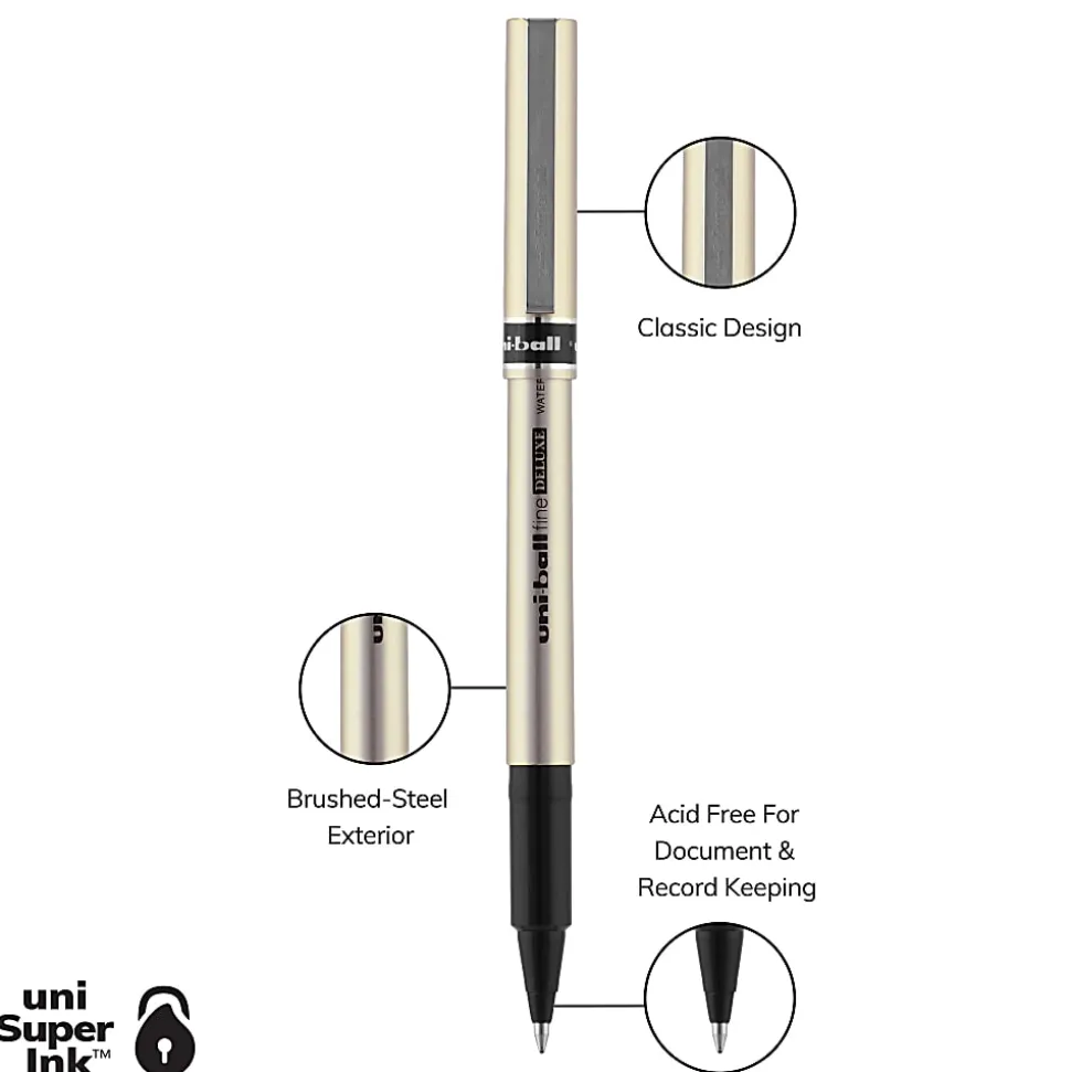 uni-ball® Deluxe Rollerball Pens, Fine Point, 0.7 mm, Graphite Barrel, Black Ink, Pack Of 3