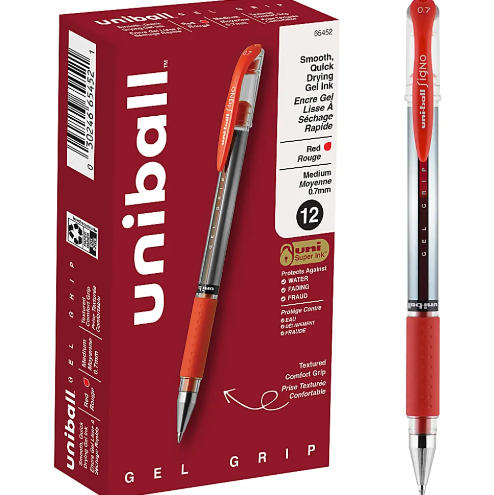 uni-ball® Gel Grip™ Pens, Medium Point, 0.7 mm, Clear Barrel, Red Ink, Pack Of 12