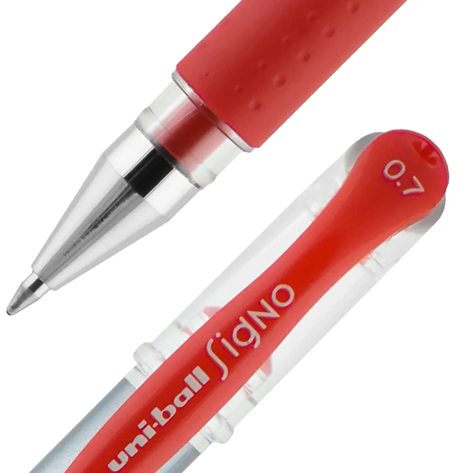 uni-ball® Gel Grip™ Pens, Medium Point, 0.7 mm, Clear Barrel, Red Ink, Pack Of 12