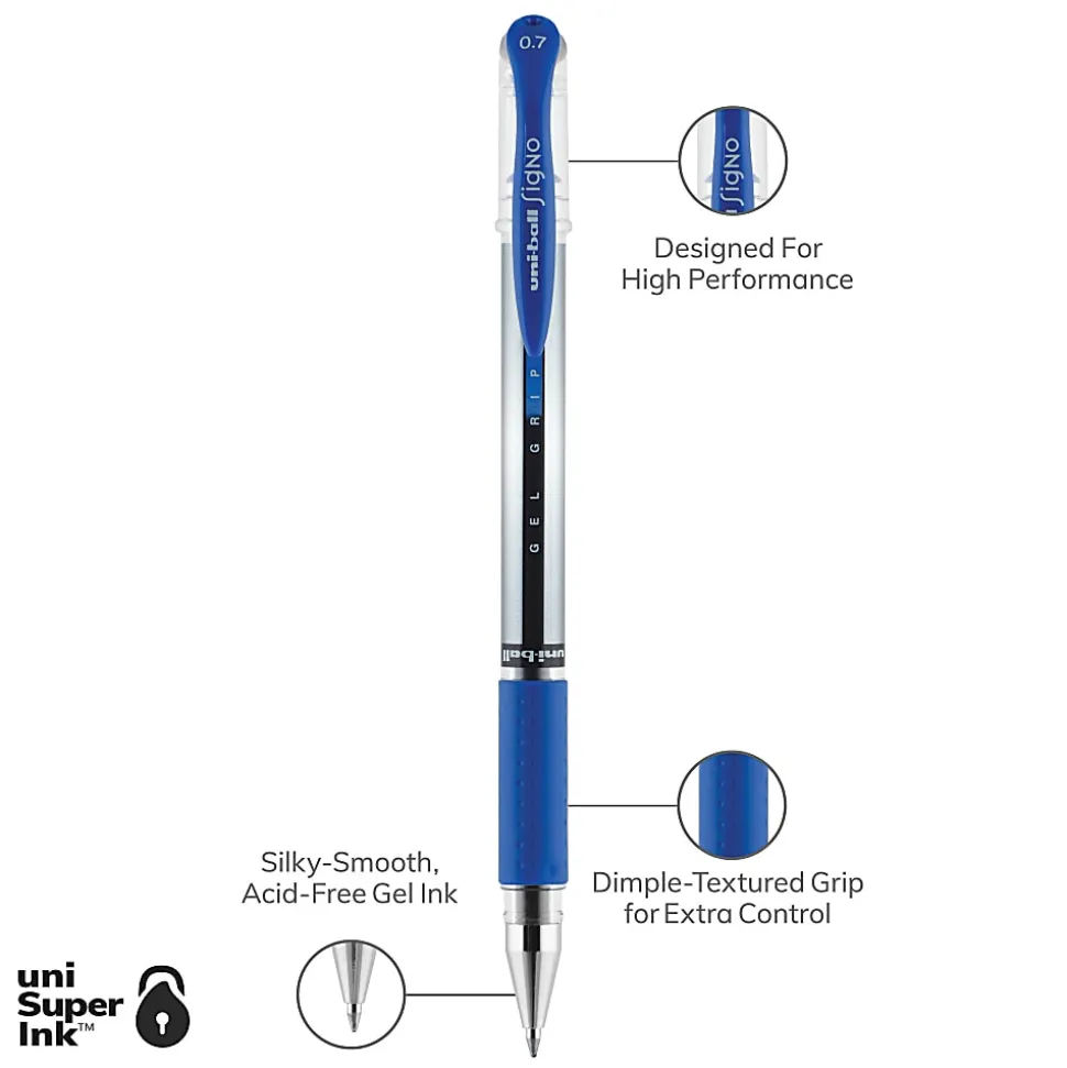 uni-ball® Gel Grip™ Pens, Medium Point, 0.7 mm, Clear Barrel, Blue Ink, Pack Of 12