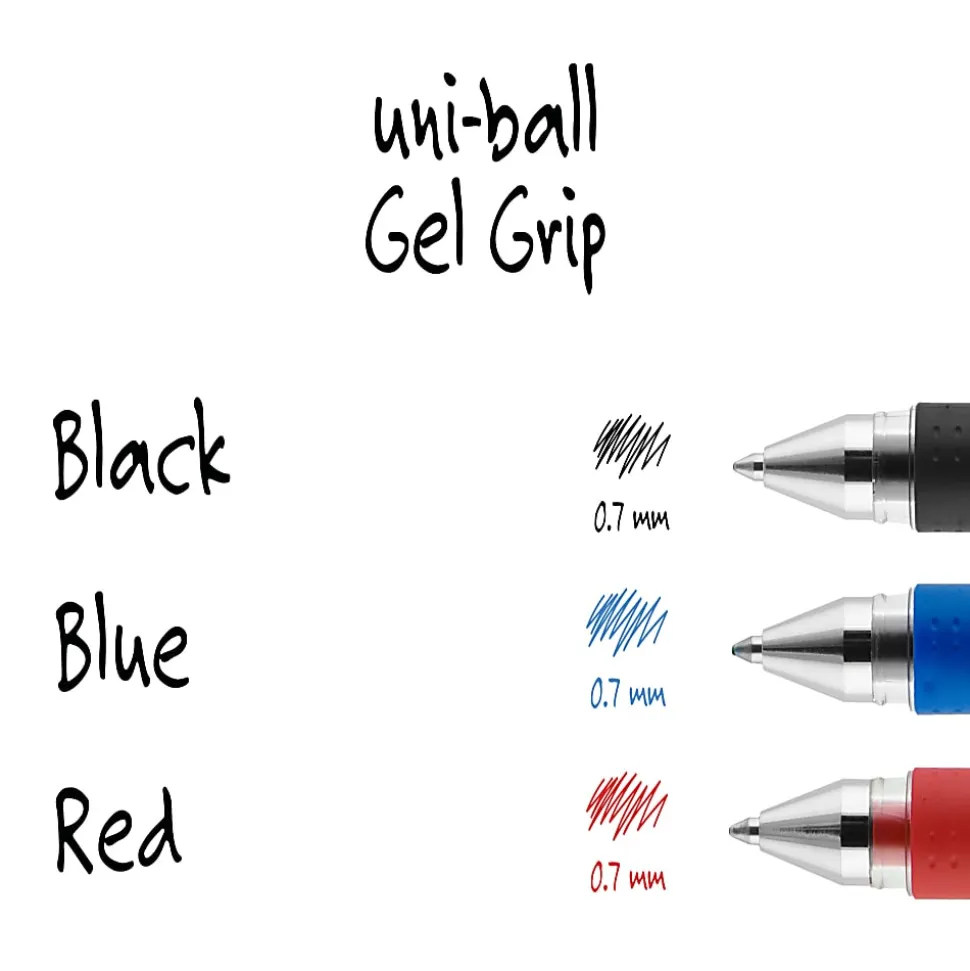 uni-ball® Gel Grip™ Pens, Medium Point, 0.7 mm, Clear Barrel, Blue Ink, Pack Of 12