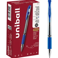 uni-ball® Gel Grip™ Pens, Medium Point, 0.7 mm, Clear Barrel, Blue Ink, Pack Of 12