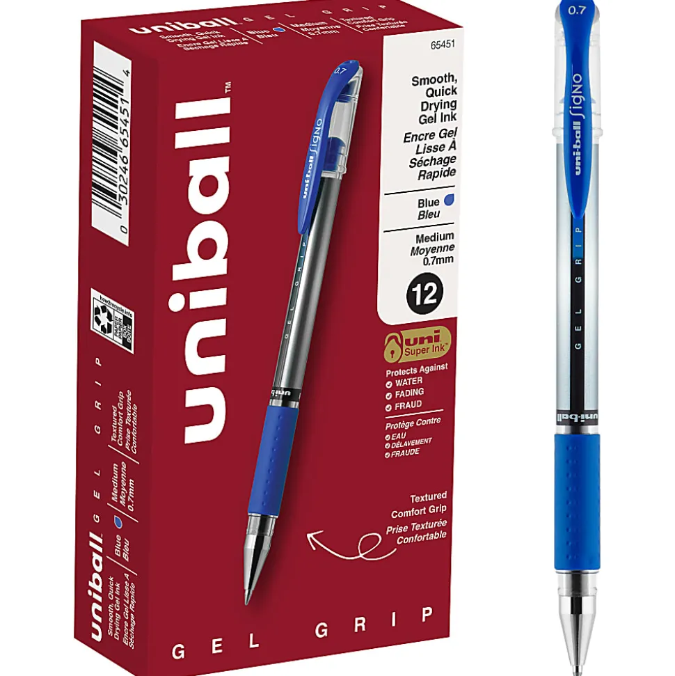 uni-ball® Gel Grip™ Pens, Medium Point, 0.7 mm, Clear Barrel, Blue Ink, Pack Of 12