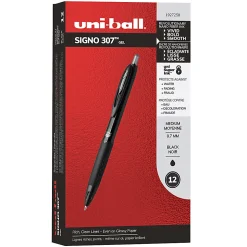 uni-ball® 307™ Gel Pen, Medium Point, 0.7 mm, Black Barrel, Black Ink, Pack Of 12