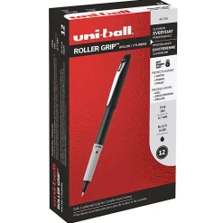 uni-ball® Grip Rollerball Pens, Fine Point, 0.7 mm, Black Barrel, Black Ink, Pack Of 12
