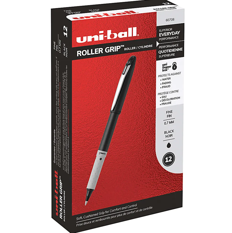uni-ball® Grip Rollerball Pens, Fine Point, 0.7 mm, Black Barrel, Black Ink, Pack Of 12