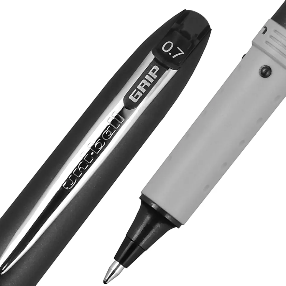 uni-ball® Grip Rollerball Pens, Fine Point, 0.7 mm, Black Barrel, Black Ink, Pack Of 12