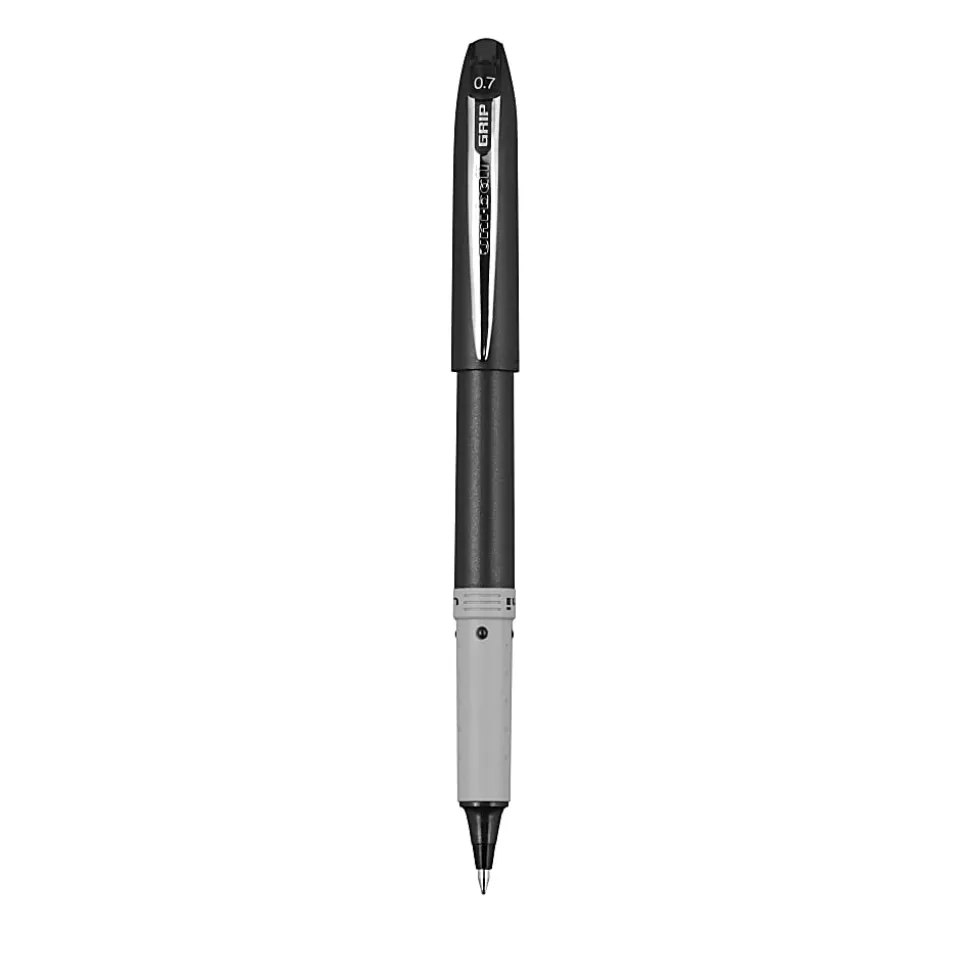 uni-ball® Grip Rollerball Pens, Fine Point, 0.7 mm, Black Barrel, Black Ink, Pack Of 12