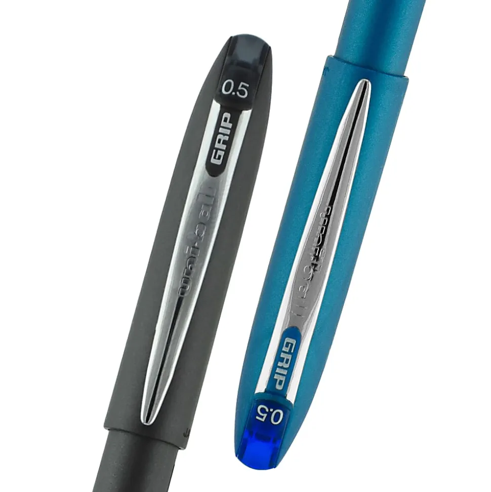 uni-ball® Grip Rollerball Pens, Micro Point, 0.5 mm, Black Barrels, Black Ink, Pack Of 12