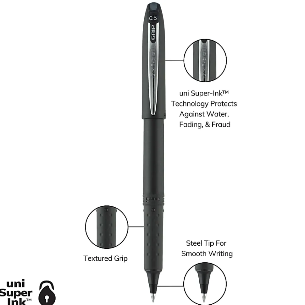 uni-ball® Grip Rollerball Pens, Micro Point, 0.5 mm, Black Barrels, Black Ink, Pack Of 12