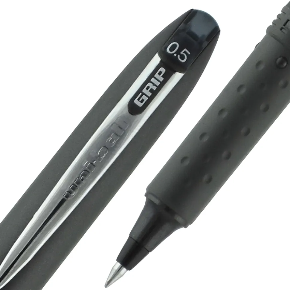 uni-ball® Grip Rollerball Pens, Micro Point, 0.5 mm, Black Barrels, Black Ink, Pack Of 12