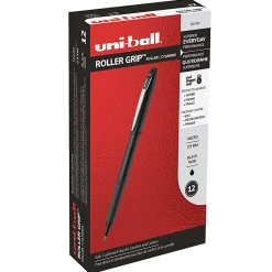 uni-ball® Grip Rollerball Pens, Micro Point, 0.5 mm, Black Barrels, Black Ink, Pack Of 12