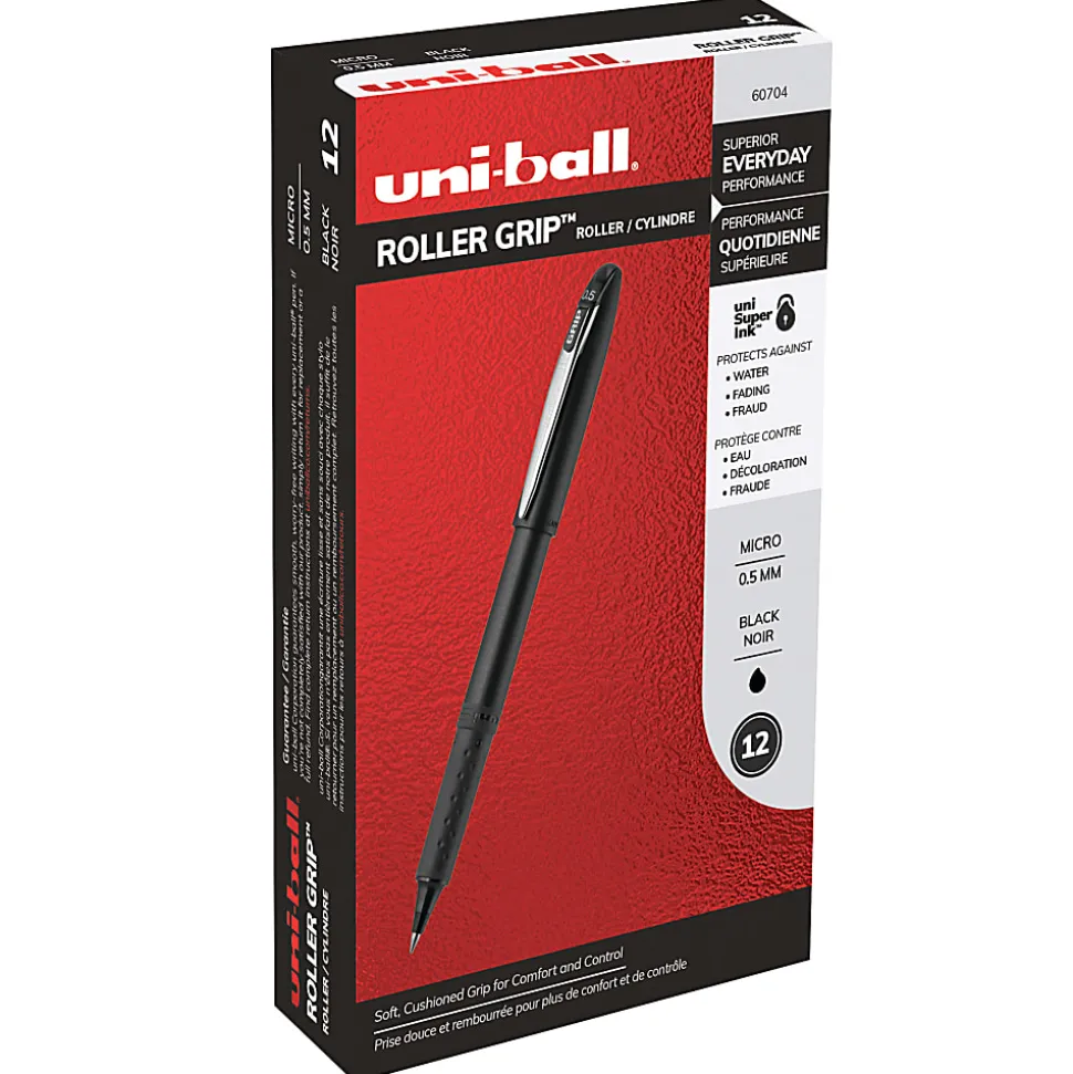 uni-ball® Grip Rollerball Pens, Micro Point, 0.5 mm, Black Barrels, Black Ink, Pack Of 12