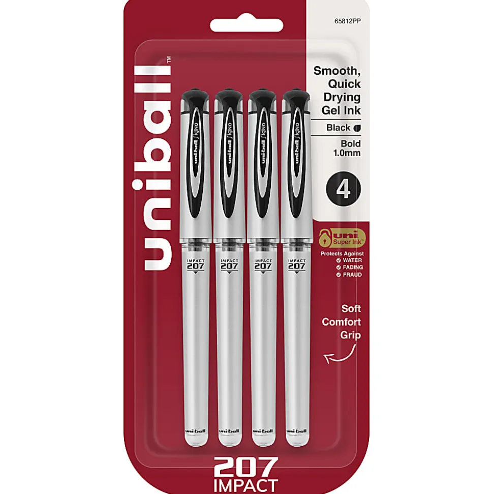 uni-ball® 207™ Impact™ Gel Pens, Bold Point, 1.0 mm, Black; Gray Barrel, Black Ink, Pack Of 4