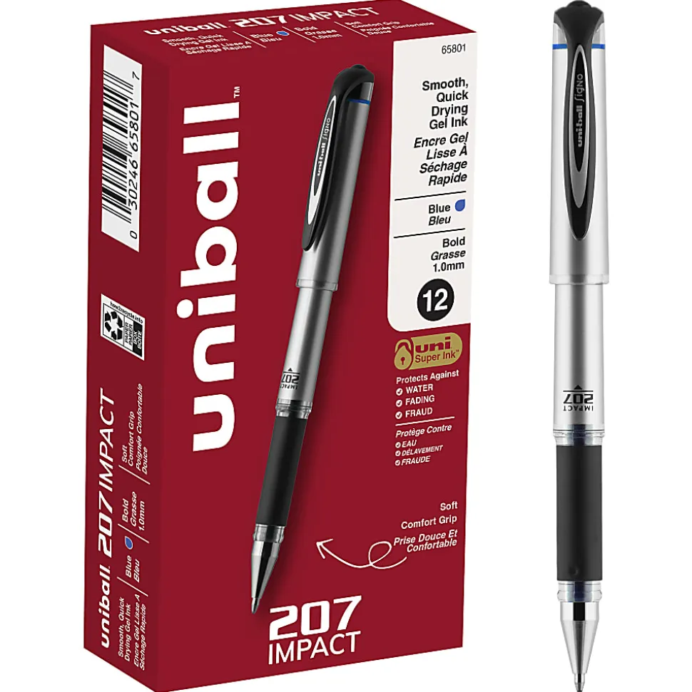 uni-ball® 207™ Impact™ Gel Pens, Bold Point, 1.0 mm, Blue; Gray Barrel, Blue Ink, Pack Of 12