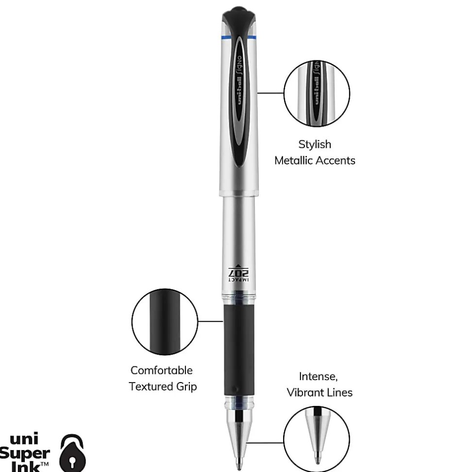 uni-ball® 207™ Impact™ Gel Pens, Bold Point, 1.0 mm, Blue; Gray Barrel, Blue Ink, Pack Of 12