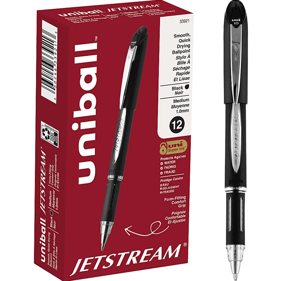 uniball® Jetstream™ Ballpoint Pens, Medium Point, 1.0 mm, Black Barrel, Black Ink, Box Of 12