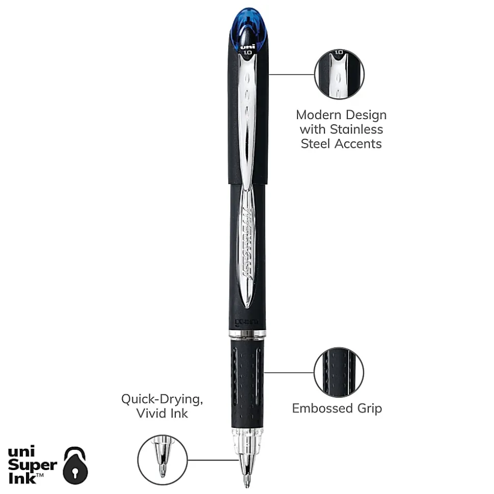 uniball® Jetstream™ Ballpoint Pens, Medium Point, 1.0 mm, Black Barrel, Blue Ink, Box Of 12