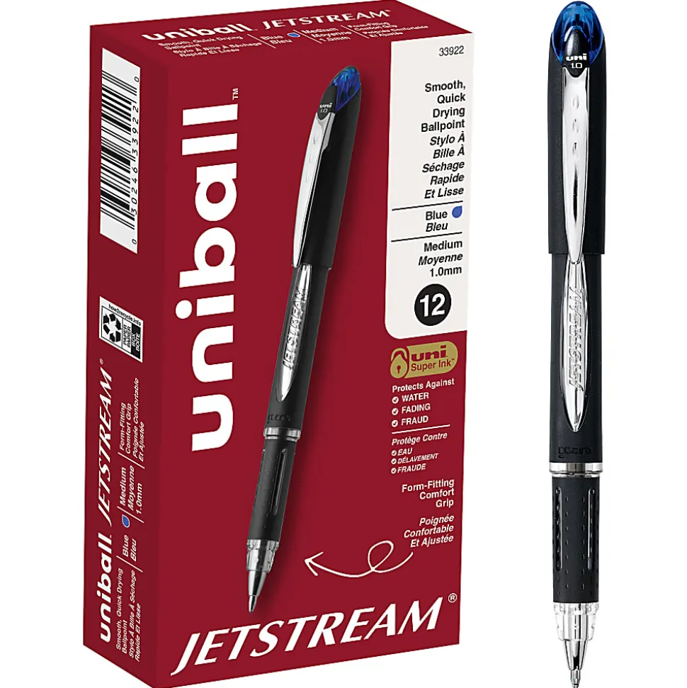 uniball® Jetstream™ Ballpoint Pens, Medium Point, 1.0 mm, Black Barrel, Blue Ink, Box Of 12