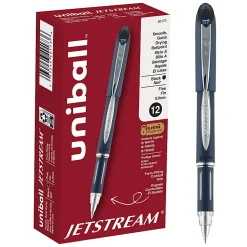 uni-ball® Jetstream™ Ballpoint Pens, Fine Point, 0.7 mm, Blue Barrel, Black Ink, Pack Of 12