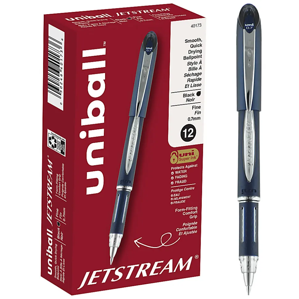 uni-ball® Jetstream™ Ballpoint Pens, Fine Point, 0.7 mm, Blue Barrel, Black Ink, Pack Of 12