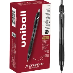 uni-ball® Jetstream Elements Retractable Ballpoint Pens, Medium Point, 1.0 mm, Black Barrel, Black Ink, Pack Of 12 Pens