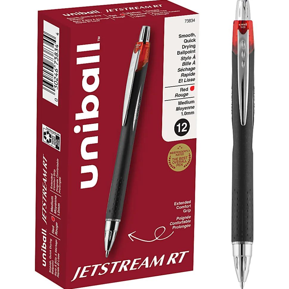 uni-ball® Jetstream™ RT Retractable Ballpoint Pens, Bold Point, 1.0 mm, Black Barrel, Red Ink, Pack Of 12