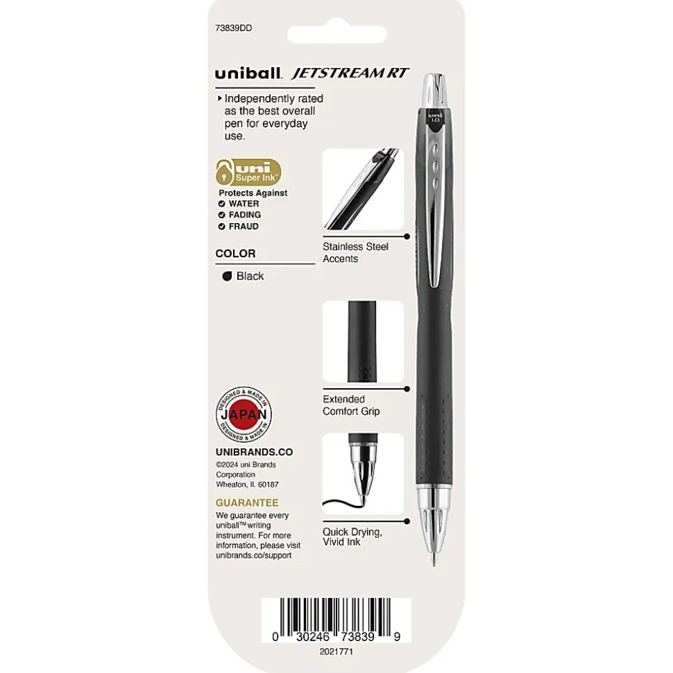 uniball® Jetstream™ RT Retractable Ballpoint Pens, Medium Point, 1.0 mm, Black Barrel, Black Ink, Pack Of 3