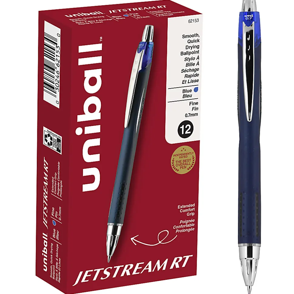 uniball® Jetstream™ RT Retractable Ballpoint Pens, Fine Point, 0.7 mm, Blue Barrel, Blue Ink, Pack Of 12