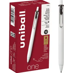 Uni-Ball® One Retractable Gel Pens, Micro Point, 0.5 mm, White Barrel, Black Ink, Pack Of 12 Pens