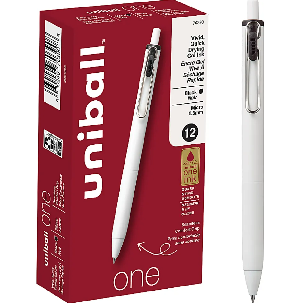 Uni-Ball® One Retractable Gel Pens, Micro Point, 0.5 mm, White Barrel, Black Ink, Pack Of 12 Pens