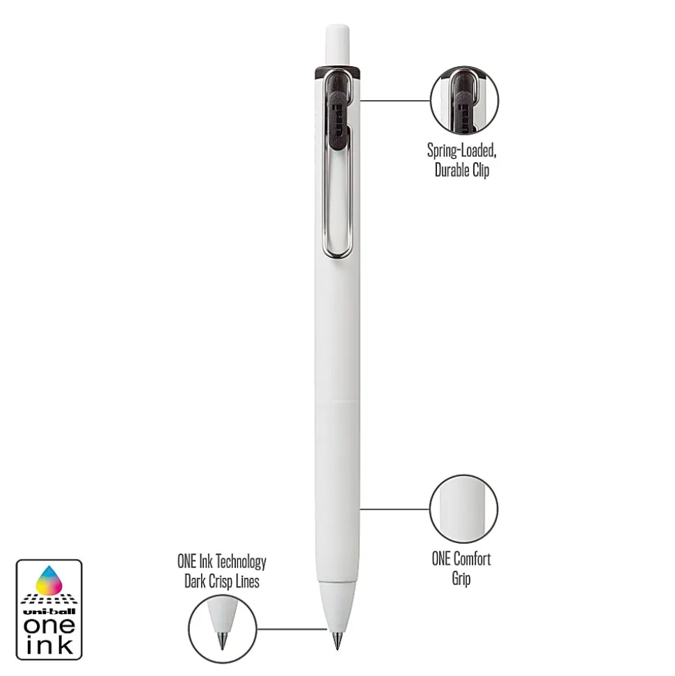 Uni-Ball® One Retractable Gel Pens, Micro Point, 0.5 mm, White Barrel, Black Ink, Pack Of 12 Pens