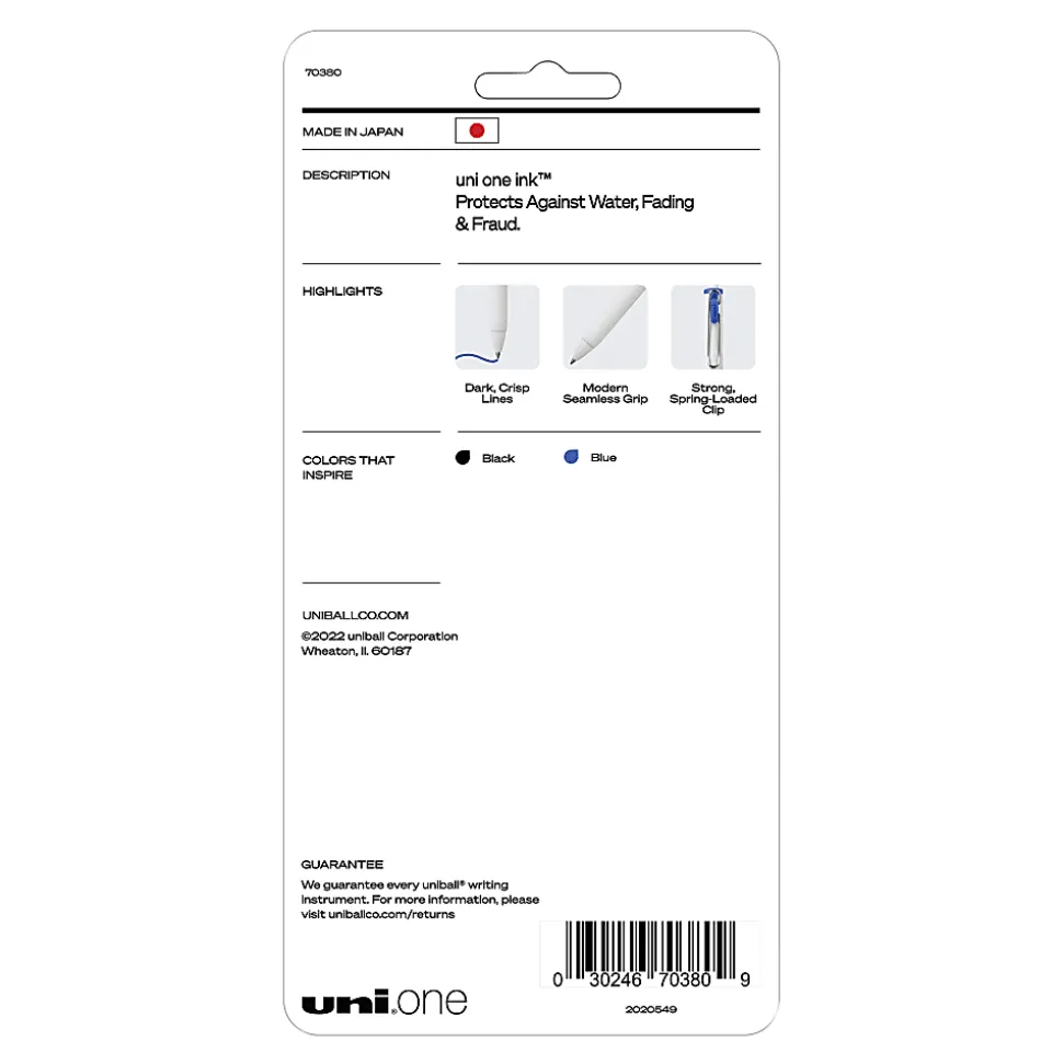 Uni-Ball® One Retractable Gel Pens, Medium Point, 0.7 mm, White Barrel, Blue/Black Ink, Pack Of 5 Pens
