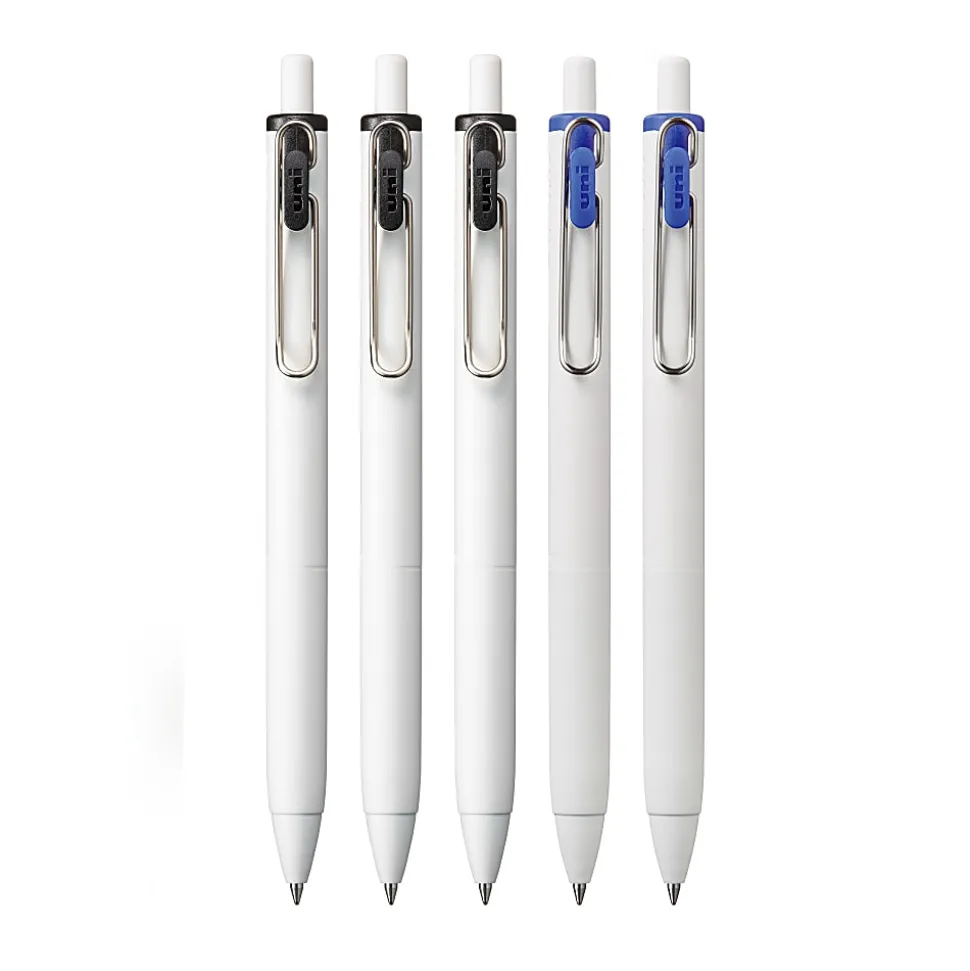 Uni-Ball® One Retractable Gel Pens, Medium Point, 0.7 mm, White Barrel, Blue/Black Ink, Pack Of 5 Pens