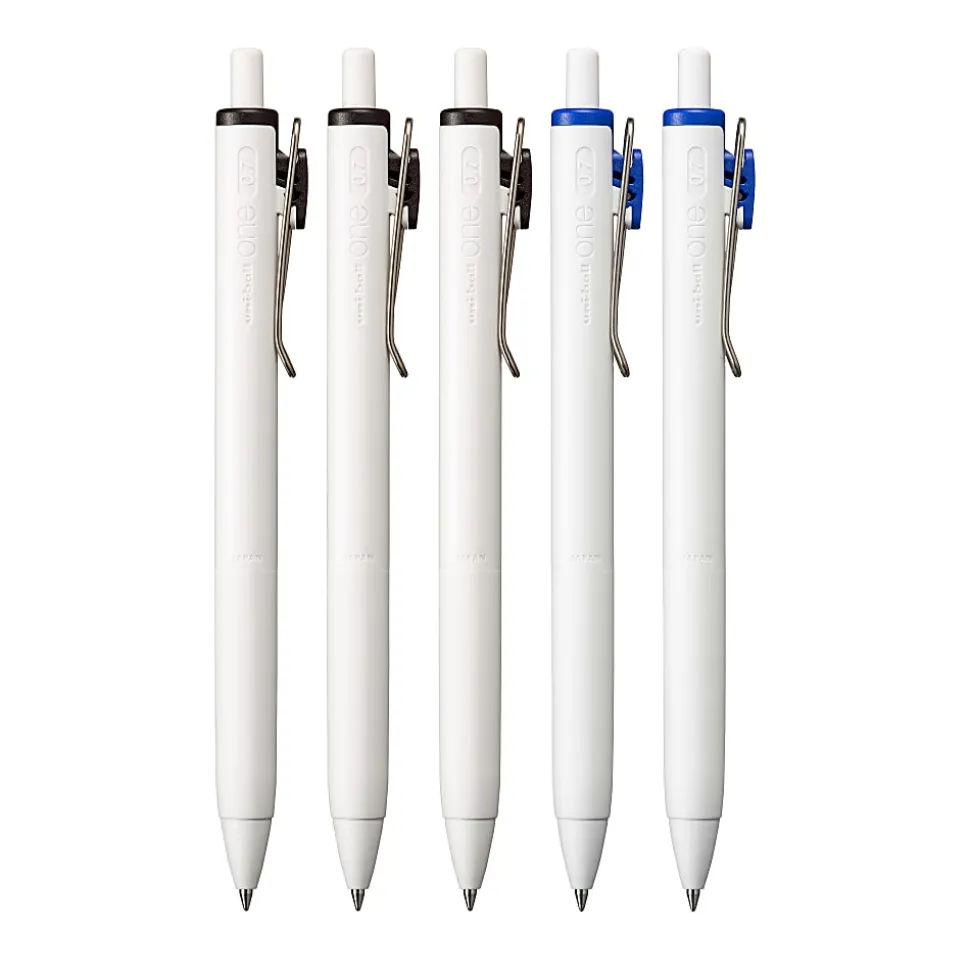 Uni-Ball® One Retractable Gel Pens, Medium Point, 0.7 mm, White Barrel, Blue/Black Ink, Pack Of 5 Pens