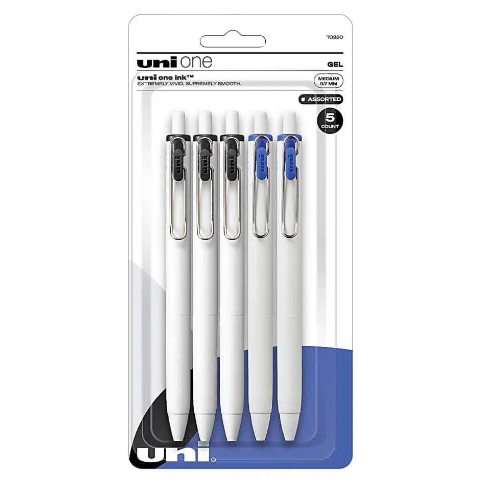 Uni-Ball® One Retractable Gel Pens, Medium Point, 0.7 mm, White Barrel, Blue/Black Ink, Pack Of 5 Pens