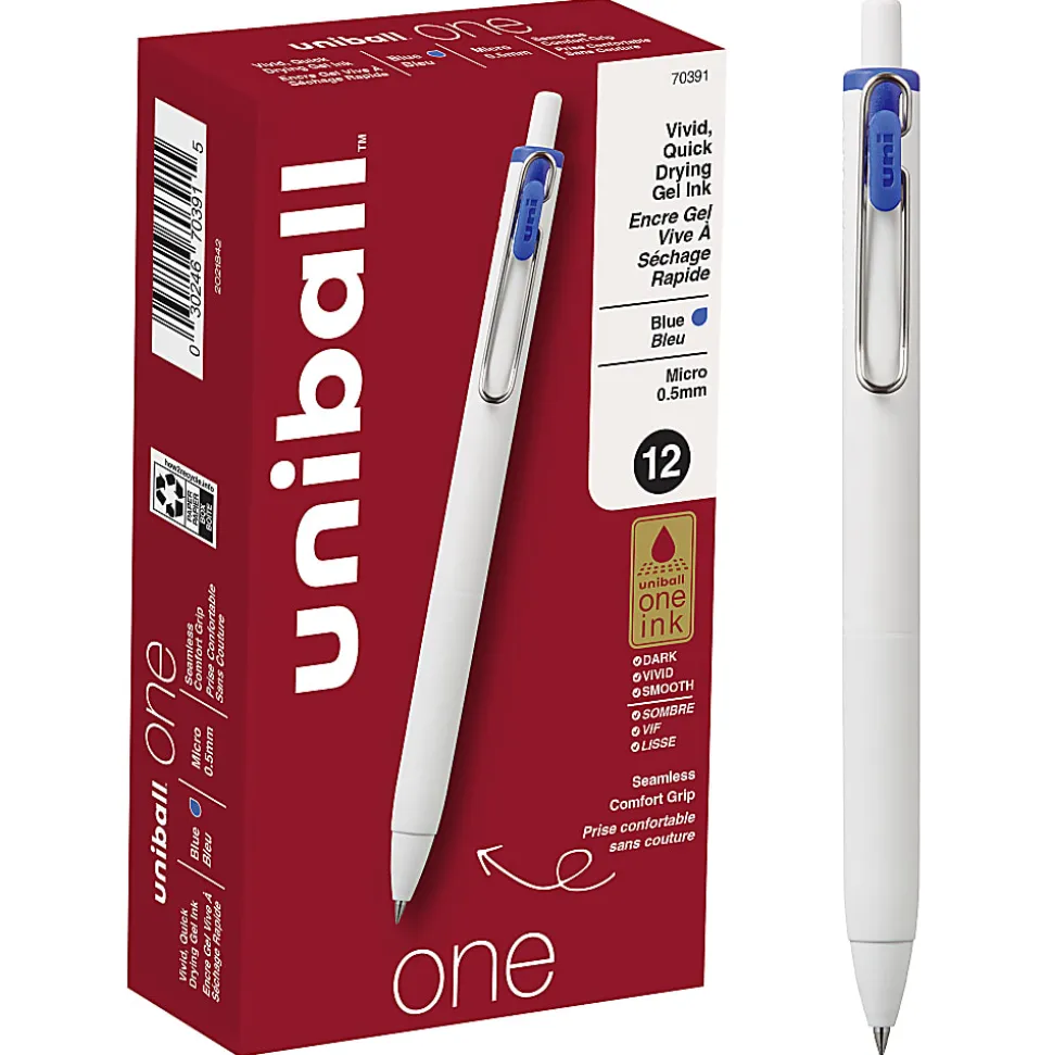 Uni-Ball® One Retractable Gel Pens, Micro Point, 0.5 mm, White Barrel, Blue Ink, Pack Of 12 Pens