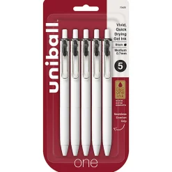 Uni-Ball® One Retractable Gel Pens, Medium Point, 0.7 mm, White Barrel, Black Ink, Pack Of 5 Pens