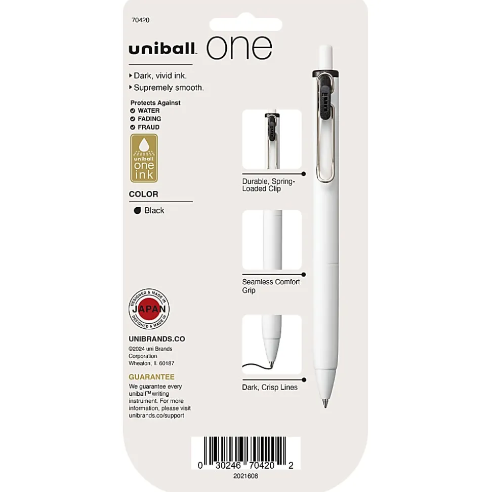 Uni-Ball® One Retractable Gel Pens, Medium Point, 0.7 mm, White Barrel, Black Ink, Pack Of 5 Pens