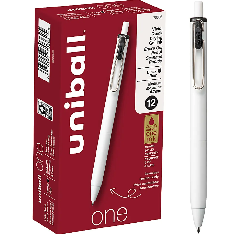 Uni-Ball® One Retractable Gel Pens, Medium Point, 0.7 mm, White Barrel, Black Ink, Pack Of 12 Pens