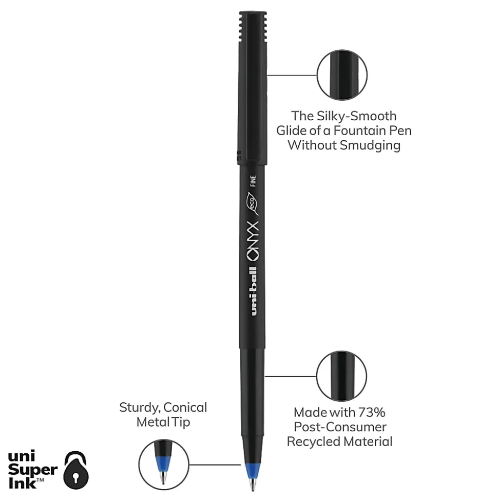 uni-ball® Onyx® Rollerball Pens, Fine Point, 0.7 mm, Black Barrel, Blue Ink, Pack Of 12