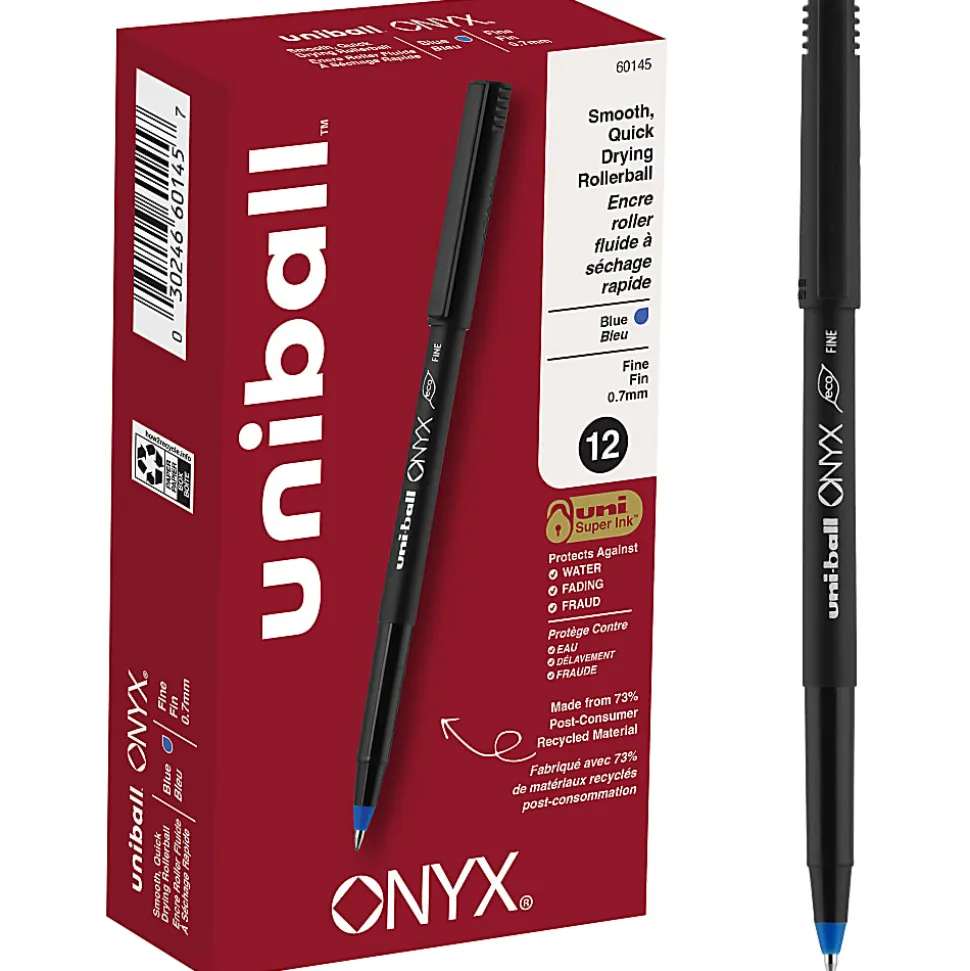uni-ball® Onyx® Rollerball Pens, Fine Point, 0.7 mm, Black Barrel, Blue Ink, Pack Of 12