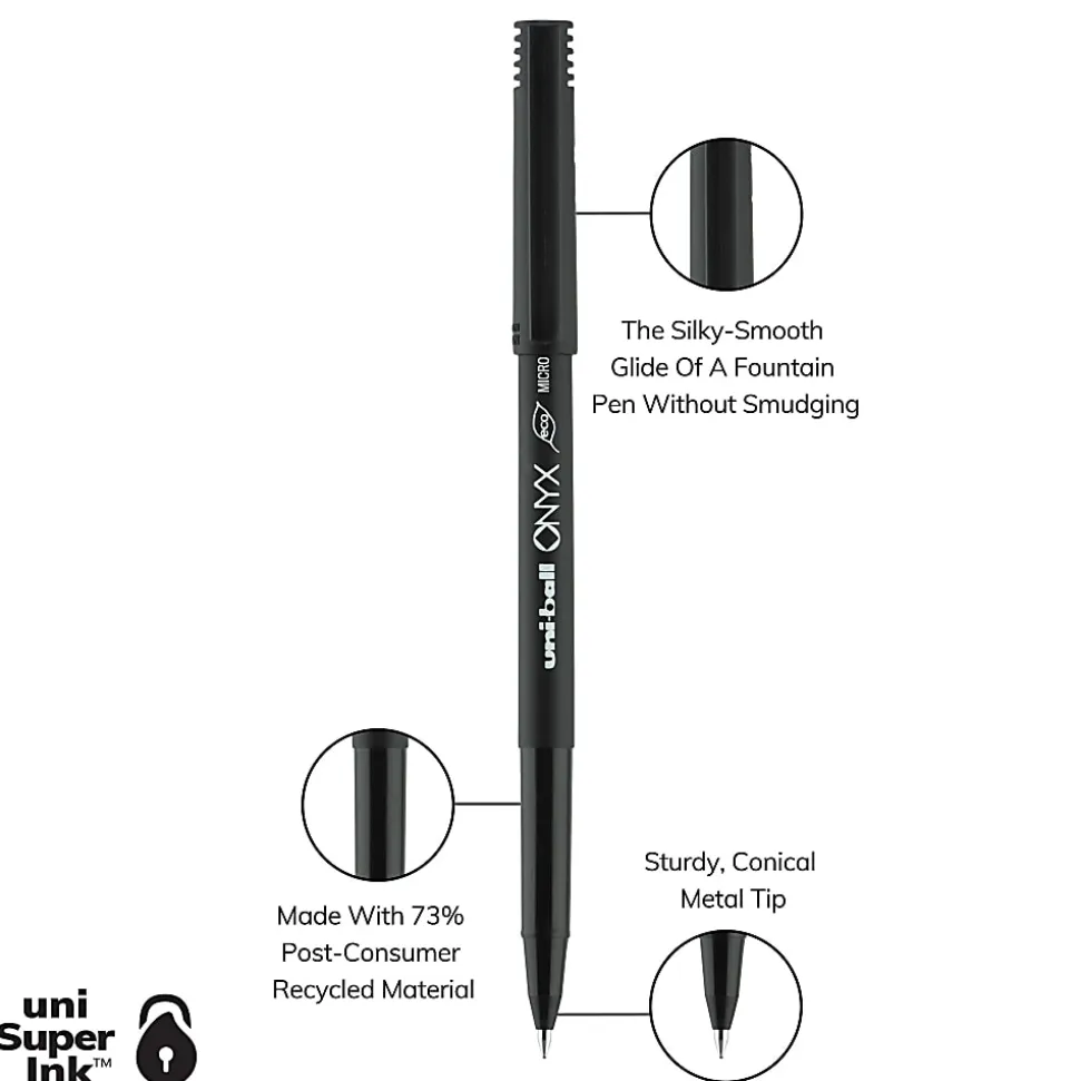 uni-ball® Onyx® Rollerball Pens, Micro Point, 0.5 mm, Black Barrel, Black Ink, Pack Of 12