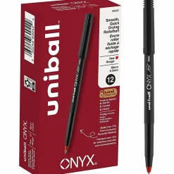 uni-ball® Onyx® Rollerball Pens, Micro Point, 0.5 mm, Black Barrel, Red Ink, Pack Of 12