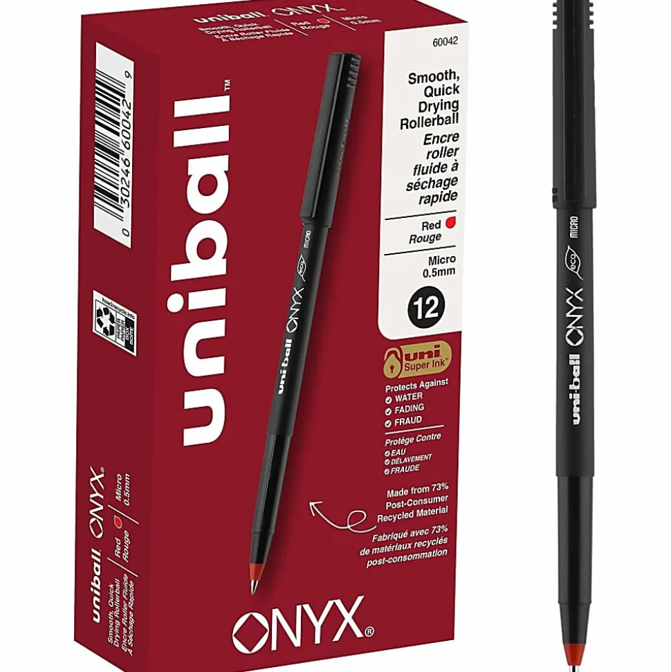 uni-ball® Onyx® Rollerball Pens, Micro Point, 0.5 mm, Black Barrel, Red Ink, Pack Of 12