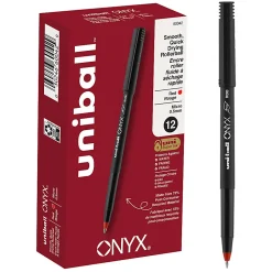 uni-ball® Onyx® Rollerball Pens, Micro Point, 0.5 mm, Black Barrel, Red Ink, Pack Of 12